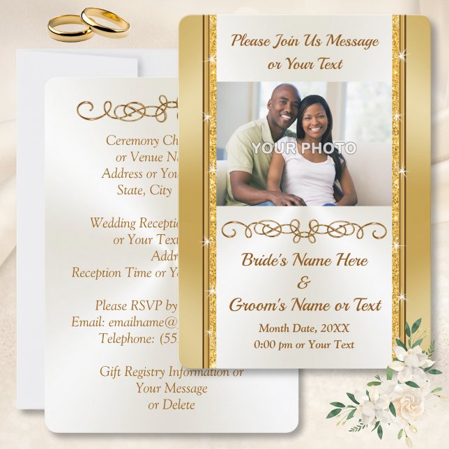 Photo Personalised Gold Border Wedding Invitations (Photo Wedding Invites. Gold and Ivory Wedding Invitations. champagne ivory and gold wedding. )