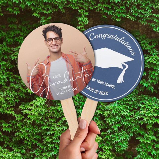 Photo Personalised Graduate Script Blue Hand Fan (Keep cool on graduation day or at your party with these photo double-sided hand fans.)