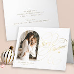 Photo personalised Merry Christmas elegant script Holiday Card<br><div class="desc">Elegant stylish Merry Christmas faux gold classic calligraphy script family photo simple white folded holiday card with your custom personalised text on the front and inside. PLEASE NOTE that the background colour is editable. You can change it after selecting CUSTOMIZE option down below the PERSONALIZE IT menu. If you don't...</div>