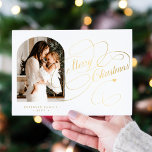 Photo personalised Merry Christmas elegant script Holiday Card<br><div class="desc">Elegant stylish Merry Christmas faux gold classic calligraphy script family photo simple white holiday card with your custom personalised text on both sides. PLEASE NOTE that the background colour is editable. You can change it after selecting CUSTOMIZE option down below the PERSONALIZE IT menu. If you don't feel at ease...</div>