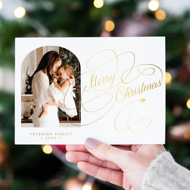 Photo personalised Merry Christmas elegant script Holiday Card (Creator Uploaded)