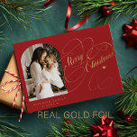 Photo personalised Merry Christmas script gold Foil Holiday Card<br><div class="desc">Elegant stylish Merry Christmas real gold classic calligraphy script family photo red holiday card with your custom personalised text on both sides. PLEASE NOTE that the background colour is editable. You can change it after selecting CUSTOMIZE option down below the PERSONALIZE IT menu. If you don't feel at ease changing...</div>