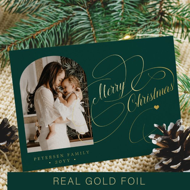 Photo personalised Merry Christmas script gold Foil Holiday Card (Creator Uploaded)