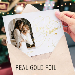 Photo personalised Merry Christmas script gold Foil Holiday Card