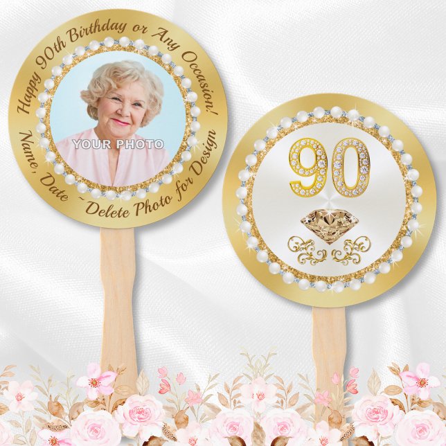 Photo Personalised Party Favours for 90th Birthday Hand Fan (90th Birthday Party Favors, Fans. Elegant, 90th birthday party ideas for 90 year old mother, grandma)