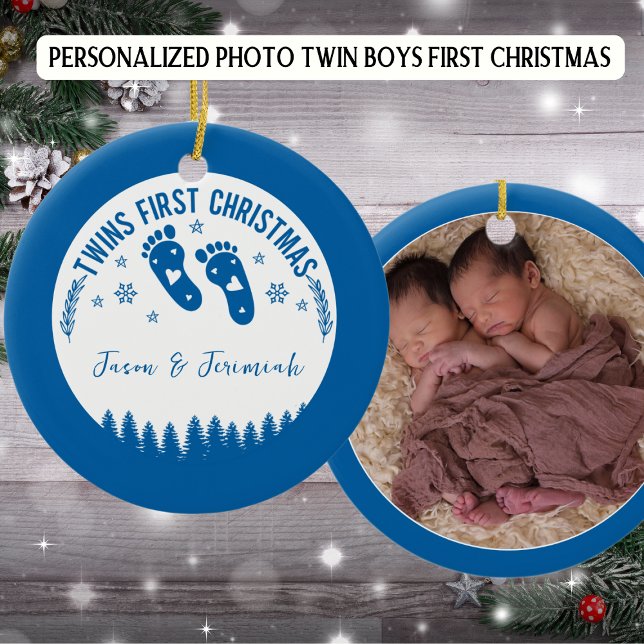 Photo Personalised Twin Boys First Christmas Ceramic Ornament (Creator Uploaded)