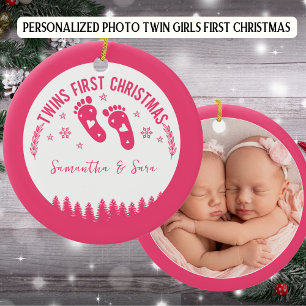 Photo Personalised Twin Girls First Christmas Ceramic Ornament