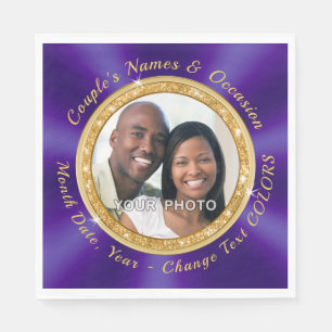 Photo Personalised Wedding Napkins, Purple, Gold Napkin