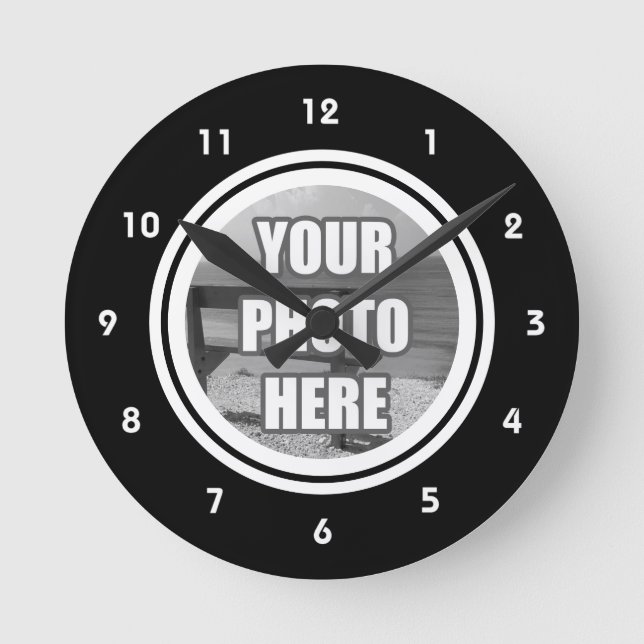 Photo Personalized Black White Round Clock (Front)