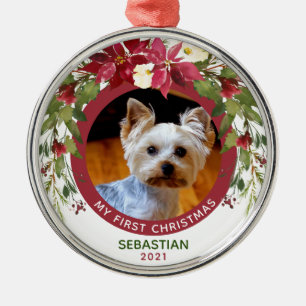 Photo Pet First Christmas Dog Poinsettia Wreath Metal Ornament