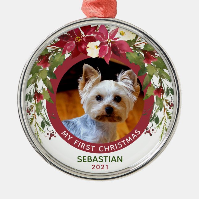 Photo  Pet First Christmas Dog Poinsettia Wreath Metal Ornament (Front)