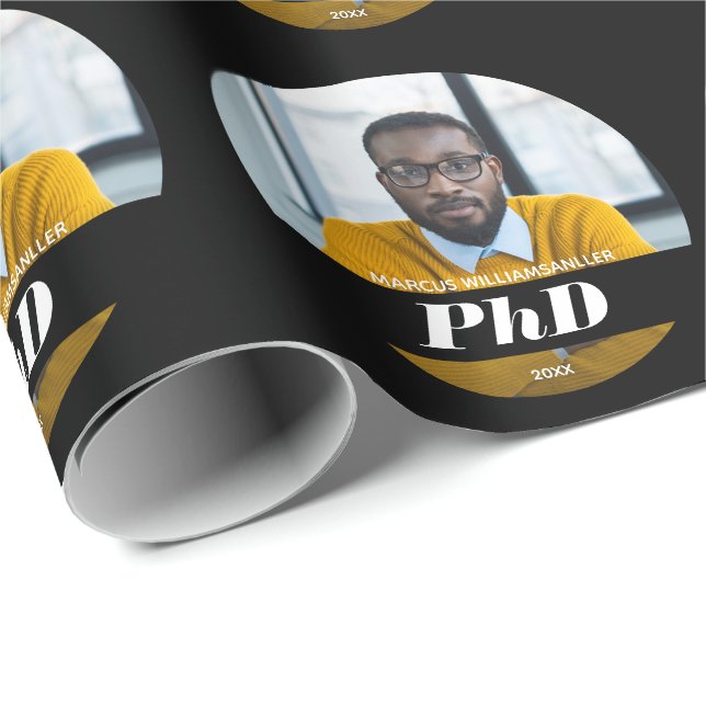 Photo PhD Degree Name Black Graduation Wrapping Paper (Roll Corner)