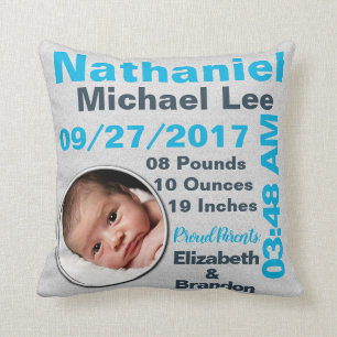 Photo Photograph Personalised Birth Stats Cushion