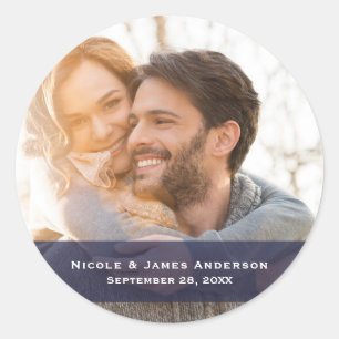 Photo Picture Blue Custom Modern Wedding Favour Classic Round Sticker