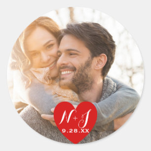 Photo Picture Modern Red Heart Wedding Favour Classic Round Sticker