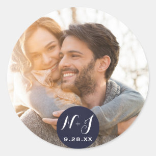 Photo Picture Navy Blue Modern Wedding Favour Classic Round Sticker
