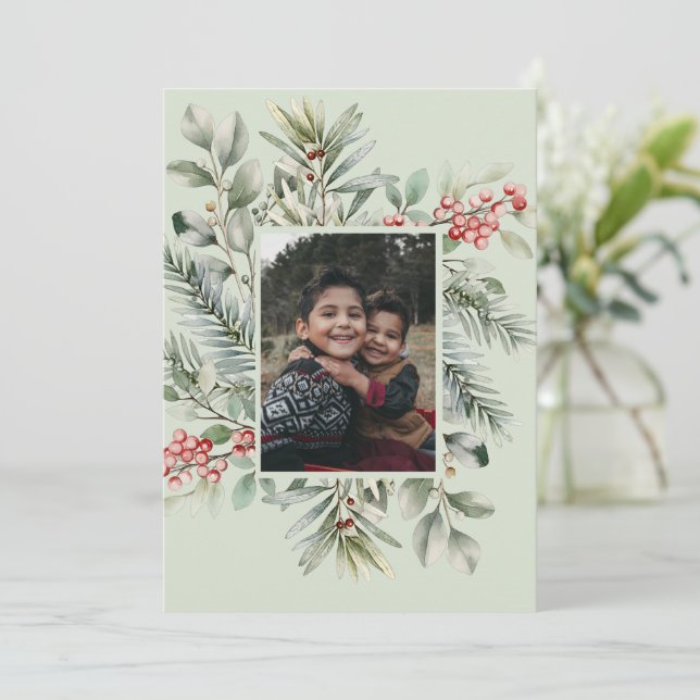 Photo Pine Greenery Holly Merry Christmas Holiday Card (Standing Front)