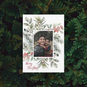 Photo Pine Greenery Holly Red Merry Christmas Holiday Card