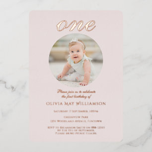Photo Pink 1st Birthday Rose Gold Foil Invitation