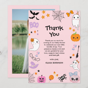 Photo Pink A Little Boo Cute Halloween Baby Shower Thank You Card