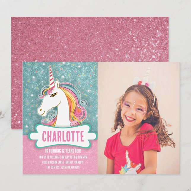 Photo Pink and Blue Unicorn Birthday Party Invitation (Front/Back)