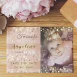 Photo Pink and Gold 1st Birthday Save The Date<br><div class="desc">Adorable,  shiny gold stars in combination with sparkle girly blush pink - rose gold background. Trendy,  sweet,  whimsical  baby girl 1st Birthday Save The Date invitation,  with custom photo.</div>