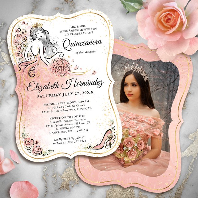 Photo Pink and Gold Princess Quinceanera Birthday Invitation (Easily upload your own photo to the back, or use the space for extra event details.)