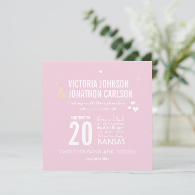 Photo Pink and Yellow Zig Zag Typography Wedding Invitation (Standing Front)