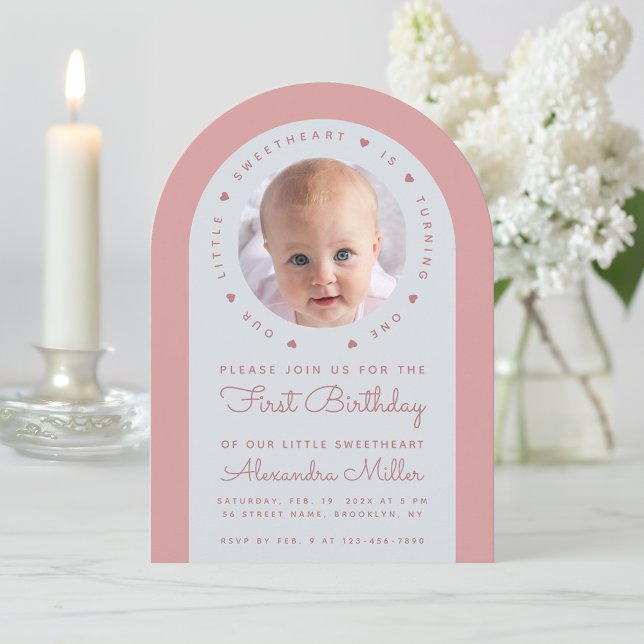 Photo Pink Arch 1st Birthday Our Little Sweetheart Invitation (Creator Uploaded)