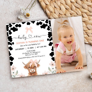 Photo Pink Black Bow Holy Cow Birthday Invitation