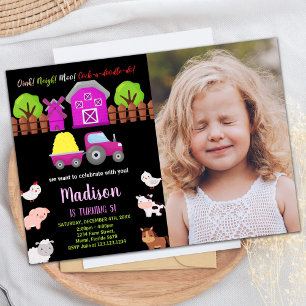 Photo Pink Black Green Farm Animals Birthday Invitation
