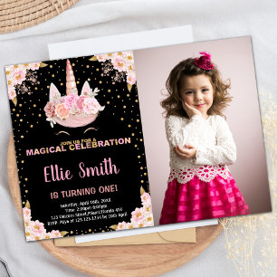 Photo Pink Black Unicorn Birthday Invitations