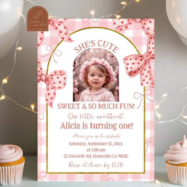 Photo Pink Bow Cute Sweetheart Girl Birthday Invitation (Creator Uploaded)