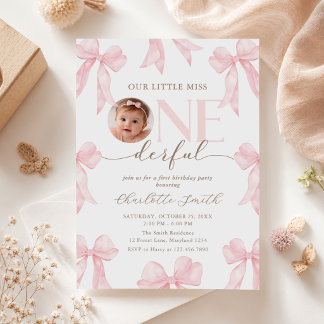 Photo Pink Bow Little Miss Onederful 1st Birthday Invitation