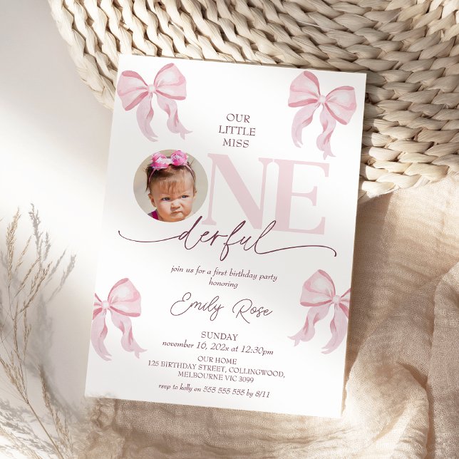 Photo Pink Bow Little Miss Onederful 1st Birthday  Invitation (Little Miss Onederful Invitation, Miss Onederful Birthday Invitation, Girls 1st Birthday Invitation )