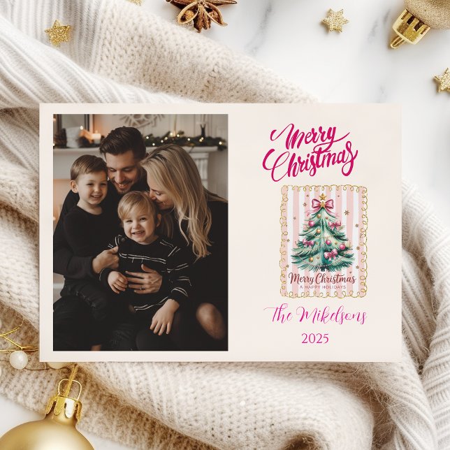 Photo Pink Bow Merry Christmas Holiday Card (Creator Uploaded)