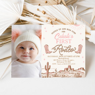 Photo Pink Brown Cowgirl First Rodeo 1st Birthday Invitation