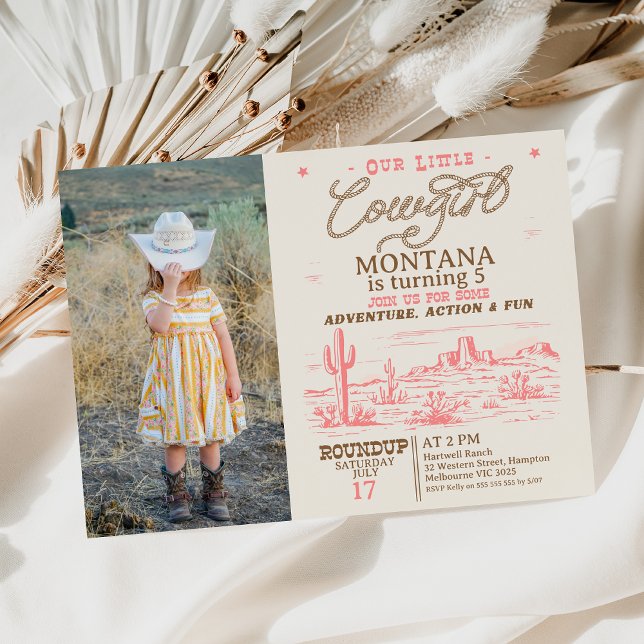Photo Pink Brown Western Desert Cowgirl Birthday  Invitation (Cowgirl Birthday Invitation Girl, Rustic Western Desert, Pink Cowgirl Birthday Invite, Any Age, )