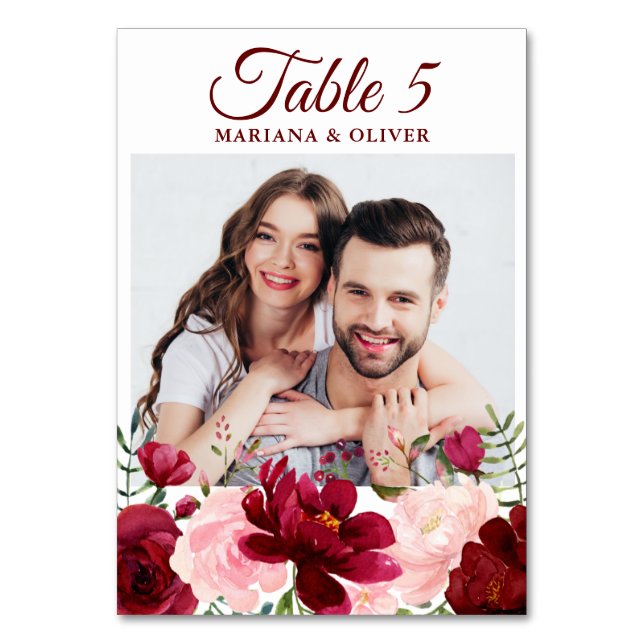 Photo Pink  Burgundy Floral Wedding Table Number (Front)