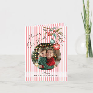 Photo Pink Candy Stripes Watercolor Christmas Holiday Card