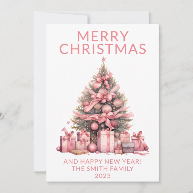 Photo Pink Christmas Tree Holiday Card (Front)