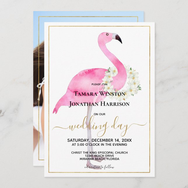 Photo Pink Flamingo Magnolias Beach Wedding Invitation (Front/Back)