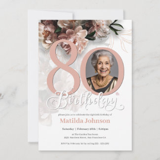 Photo Pink Floral 80th Birthday Invitation