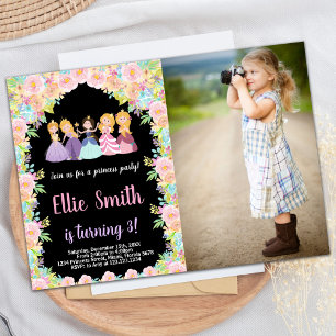 Photo Pink Floral Black Princesses Birthday Invitation