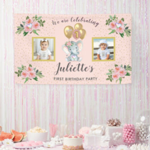 Photo Pink Floral Elephant First Birthday Girl Banner