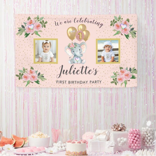 Photo Pink Floral Elephant First Birthday Girl  Banner (Creator Uploaded)