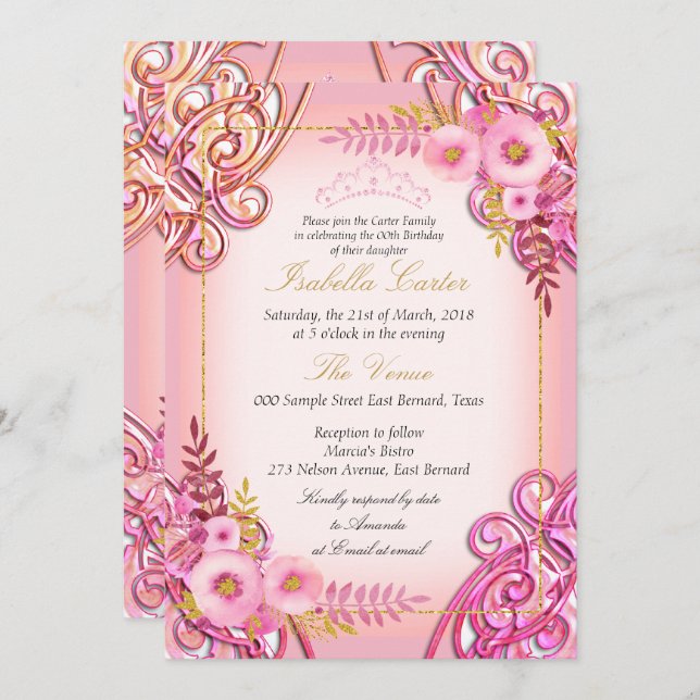 Photo Pink Floral Gold Tiara Birthday Party Invitation (Front/Back)