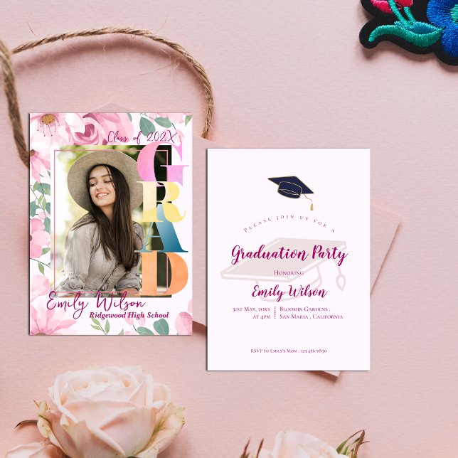 Photo Pink Floral Graduation Party Mini Invitation (Photo Pink Floral Graduation Party Mini Invitation)
