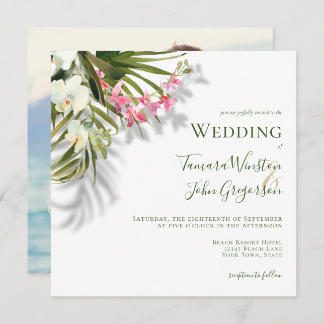 Photo Pink Floral Palms Shadows Beach Wedding Invitation (Front/Back)