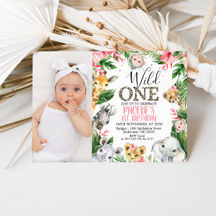 Photo Pink Floral Safari Wild One Birthday Invitation